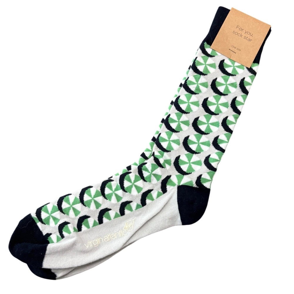 NWT Virgin Atlantic Tel Aviv Mens Crew Socks Green White Geometric Umbrella